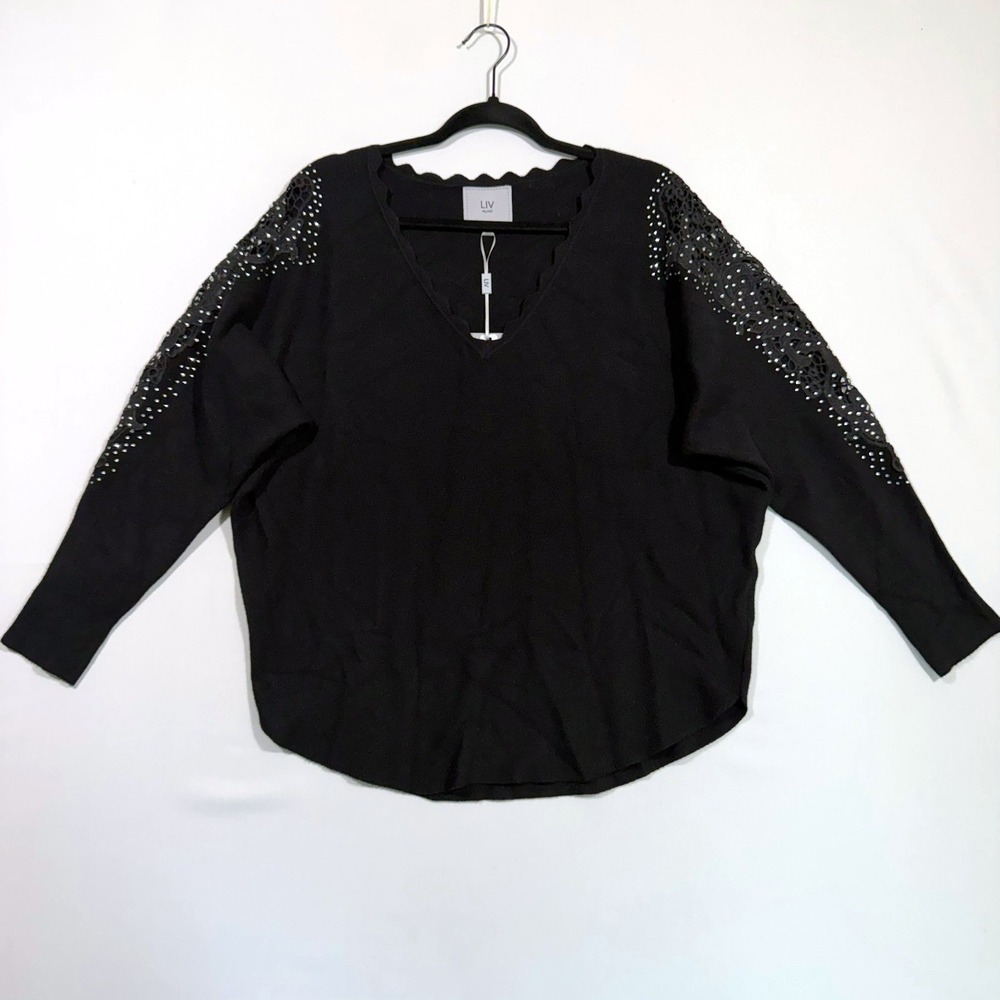 LIV Milano NWT Sweater XL Black Rhinestone Lace Shoulder‎ VNeck OfficeSiren